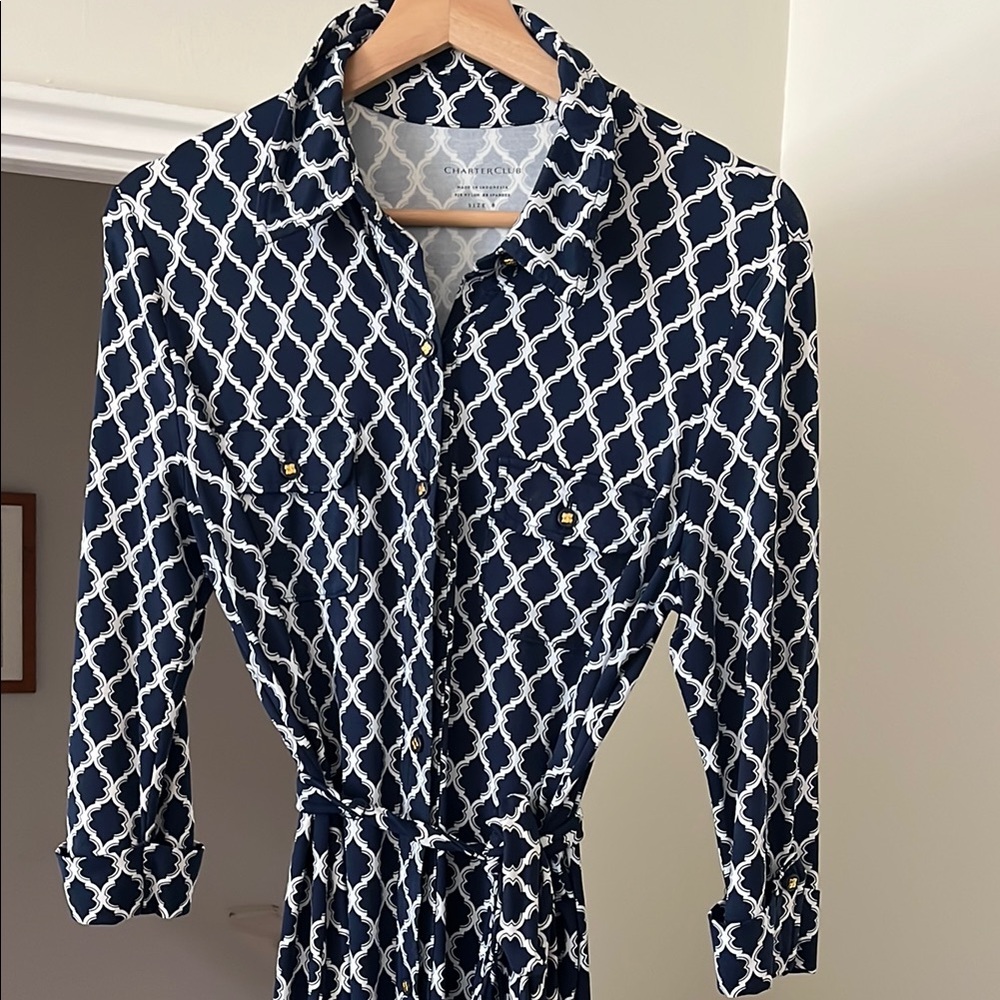 Charter Club Navy and Cream Geometric dress size 8